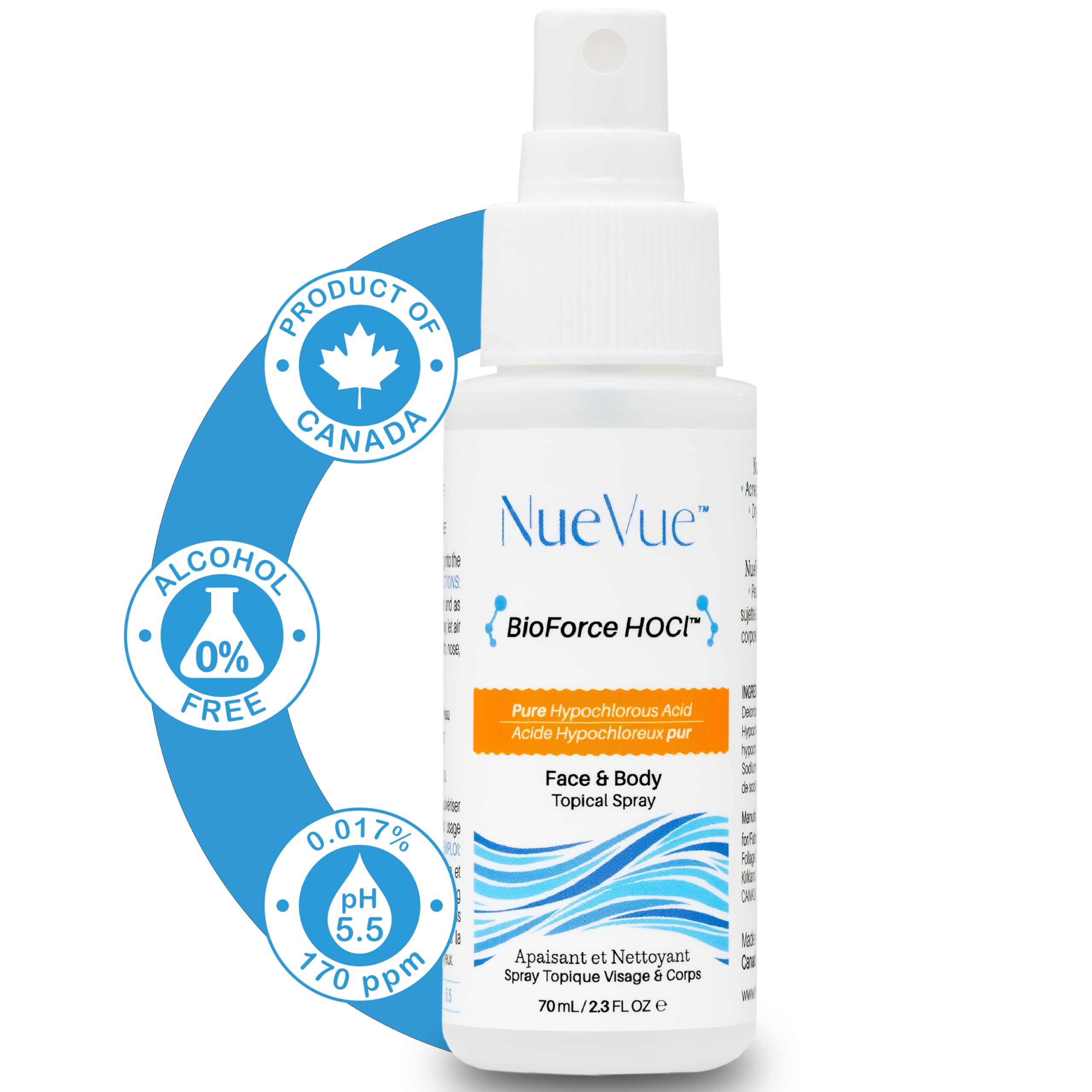 NueVue BioForce front packaging showing clean bottle and branding, convenient travel benefit