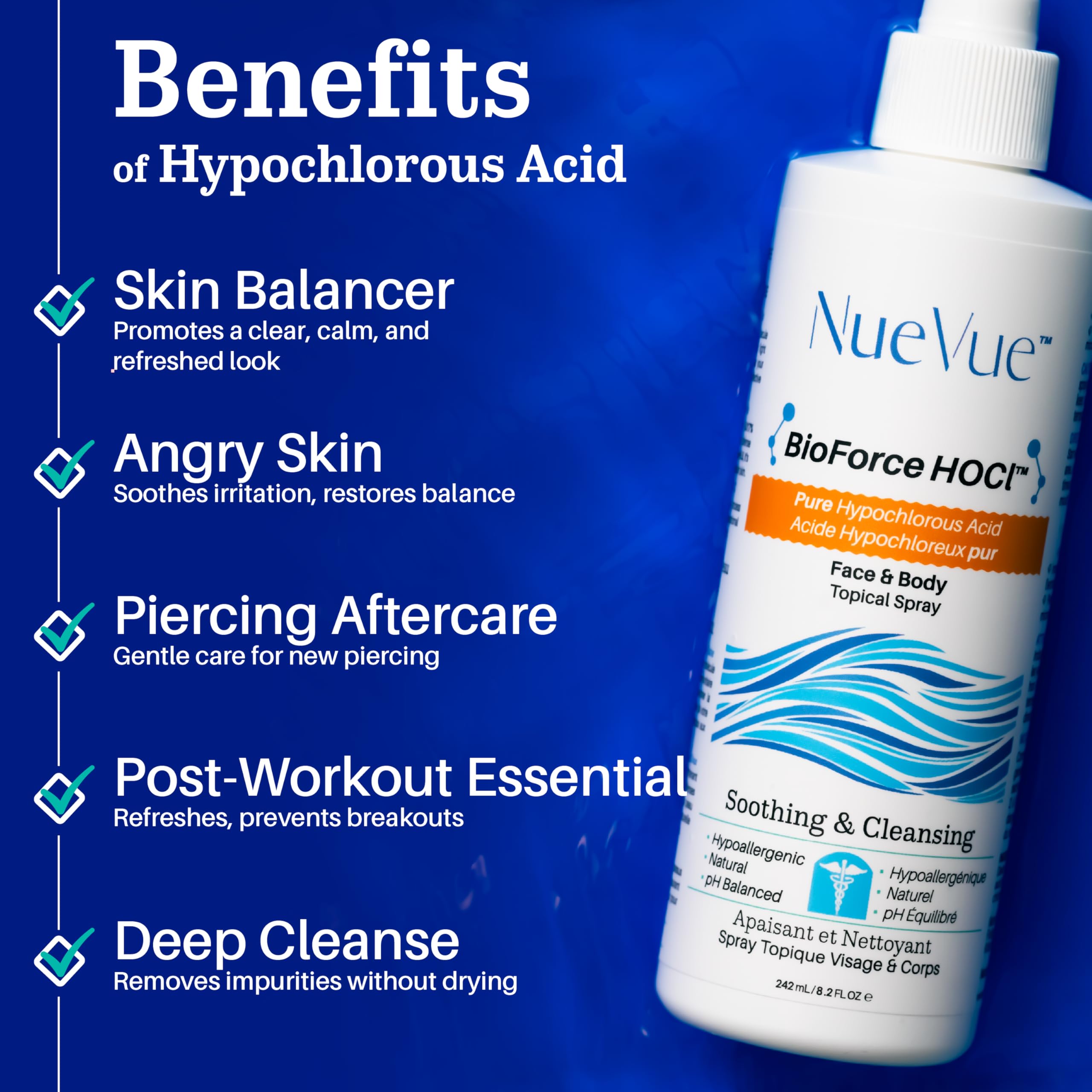 NueVue label close-up highlighting pH-balanced formula and ingredient simplicity