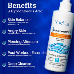 NueVue label close-up highlighting pH-balanced formula and ingredient simplicity