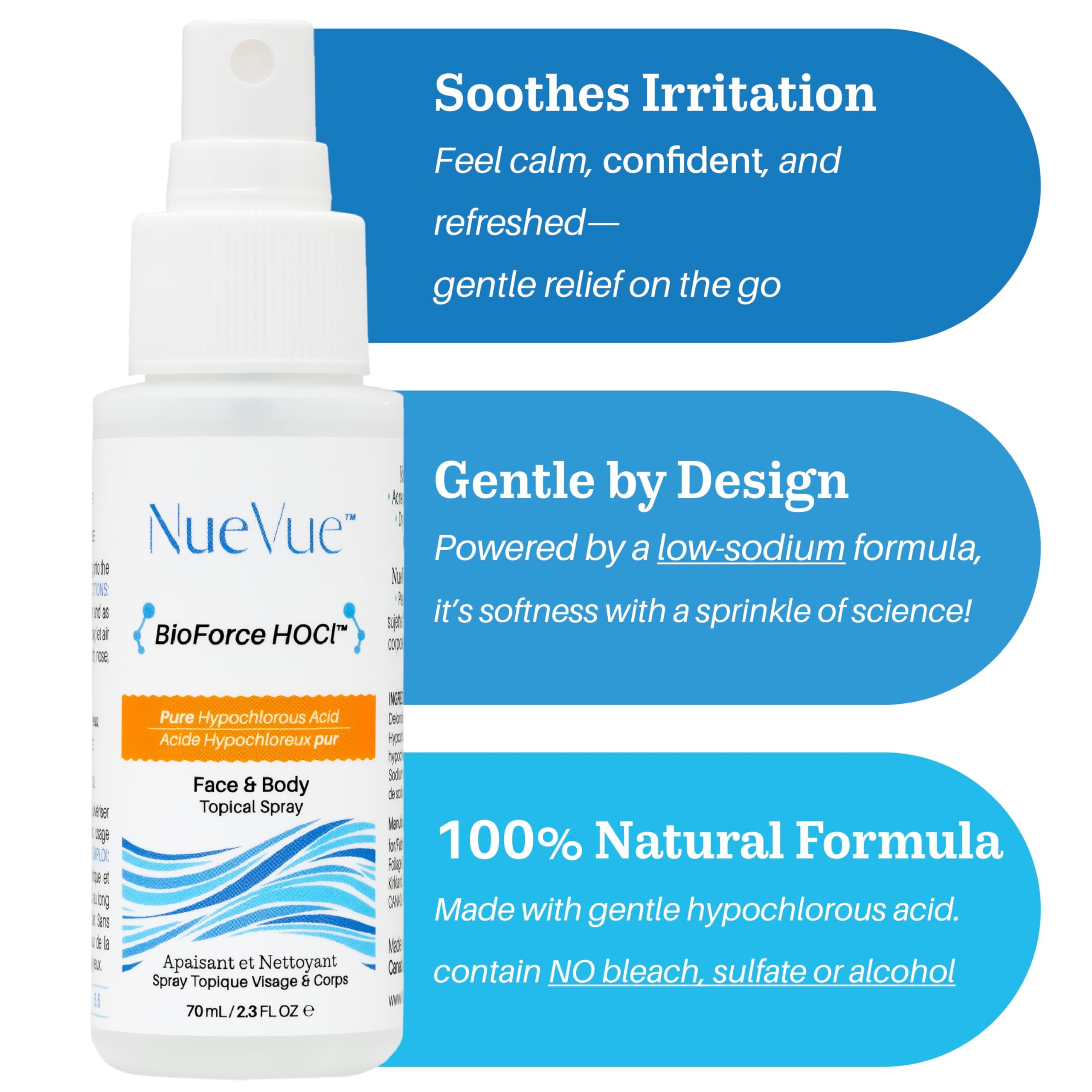 NueVue BioForce ultra-fine mist close-up demonstrating even coverage for quick refresh