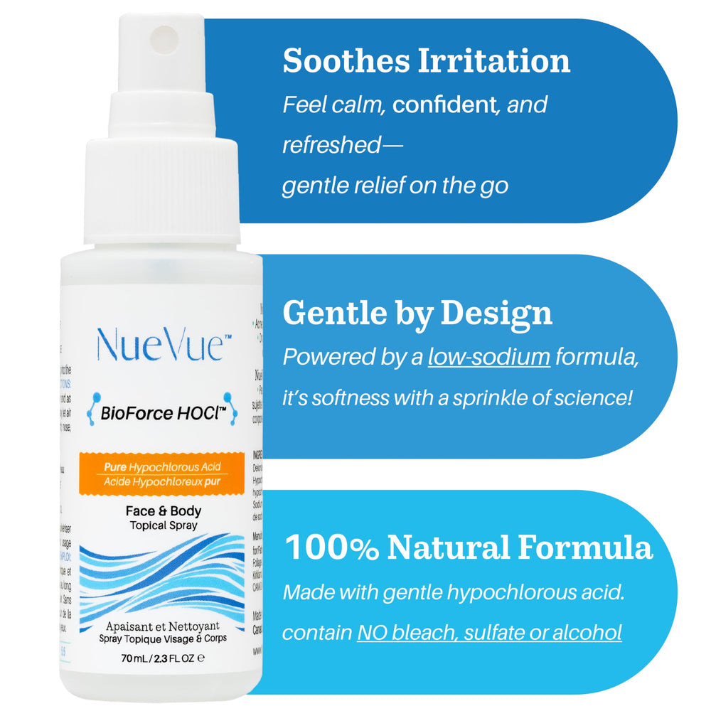 NueVue BioForce ultra-fine mist close-up demonstrating even coverage for quick refresh