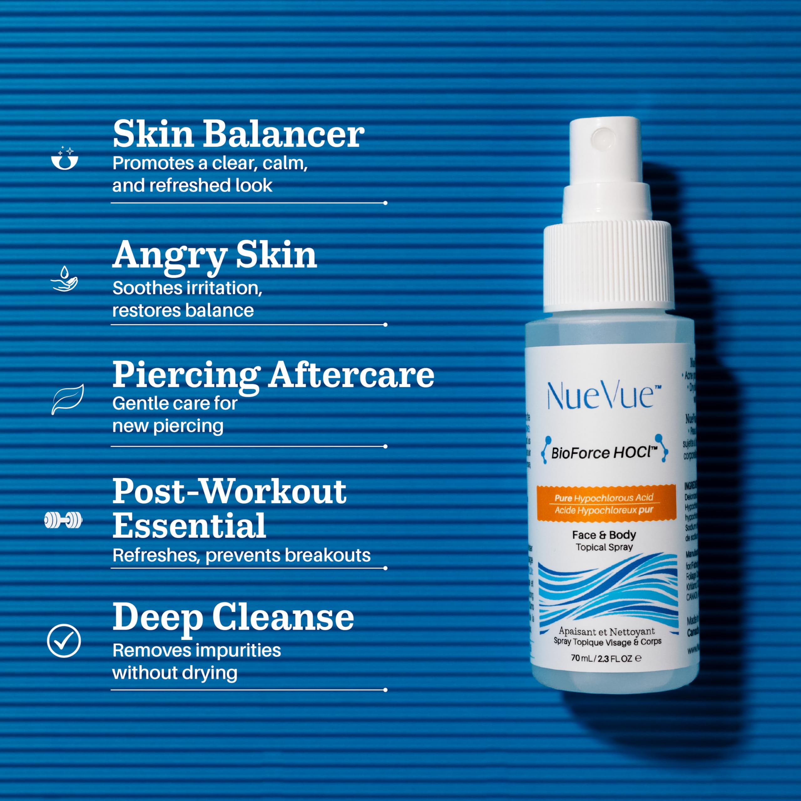 NueVue BioForce compact bottle in hand illustrating pocket-size portability for travel