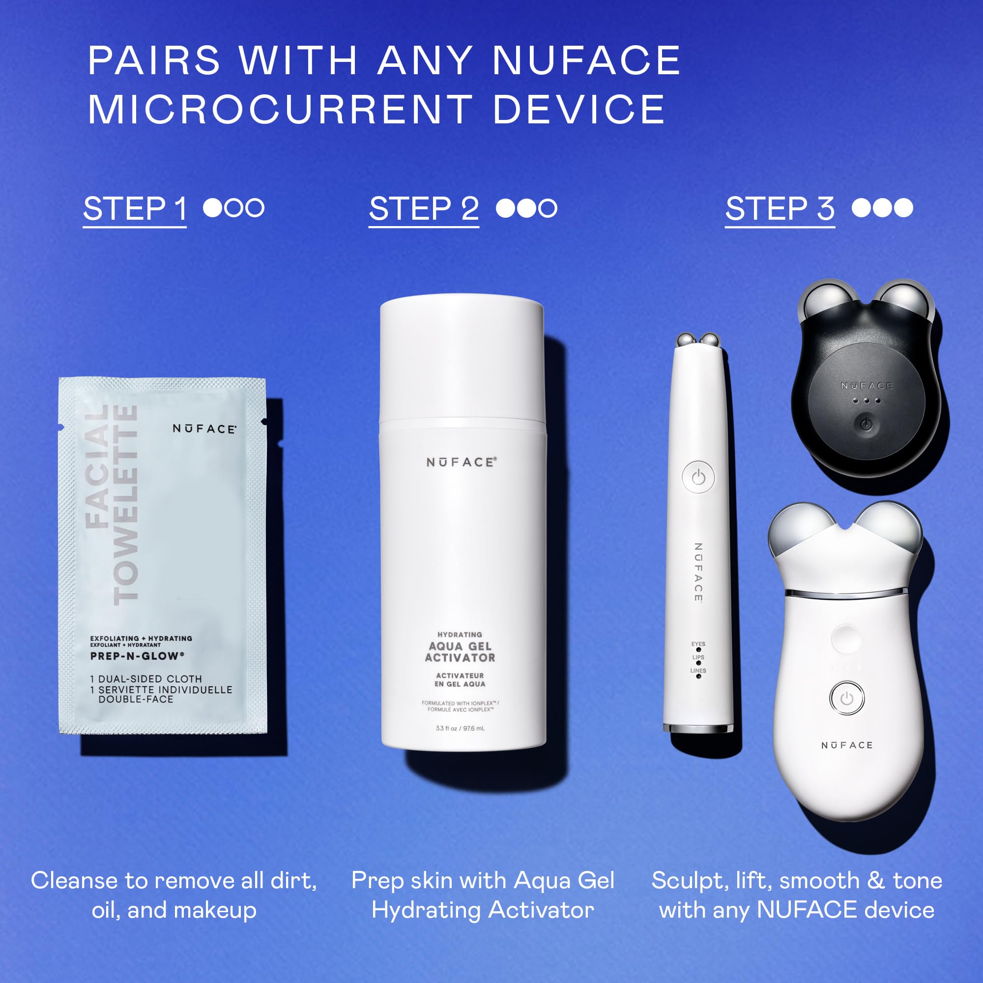 NuFACE gel label showing IonPlex ingredient blend and conductivity benefit