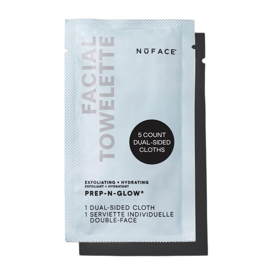 NuFACE front packaging showing five individually wrapped facial towelettes for on-the-go use