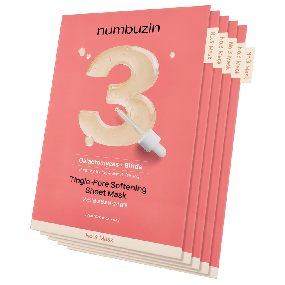 numbuzin No.3 front packaging showing five sheet mask packets and branding benefit hydration