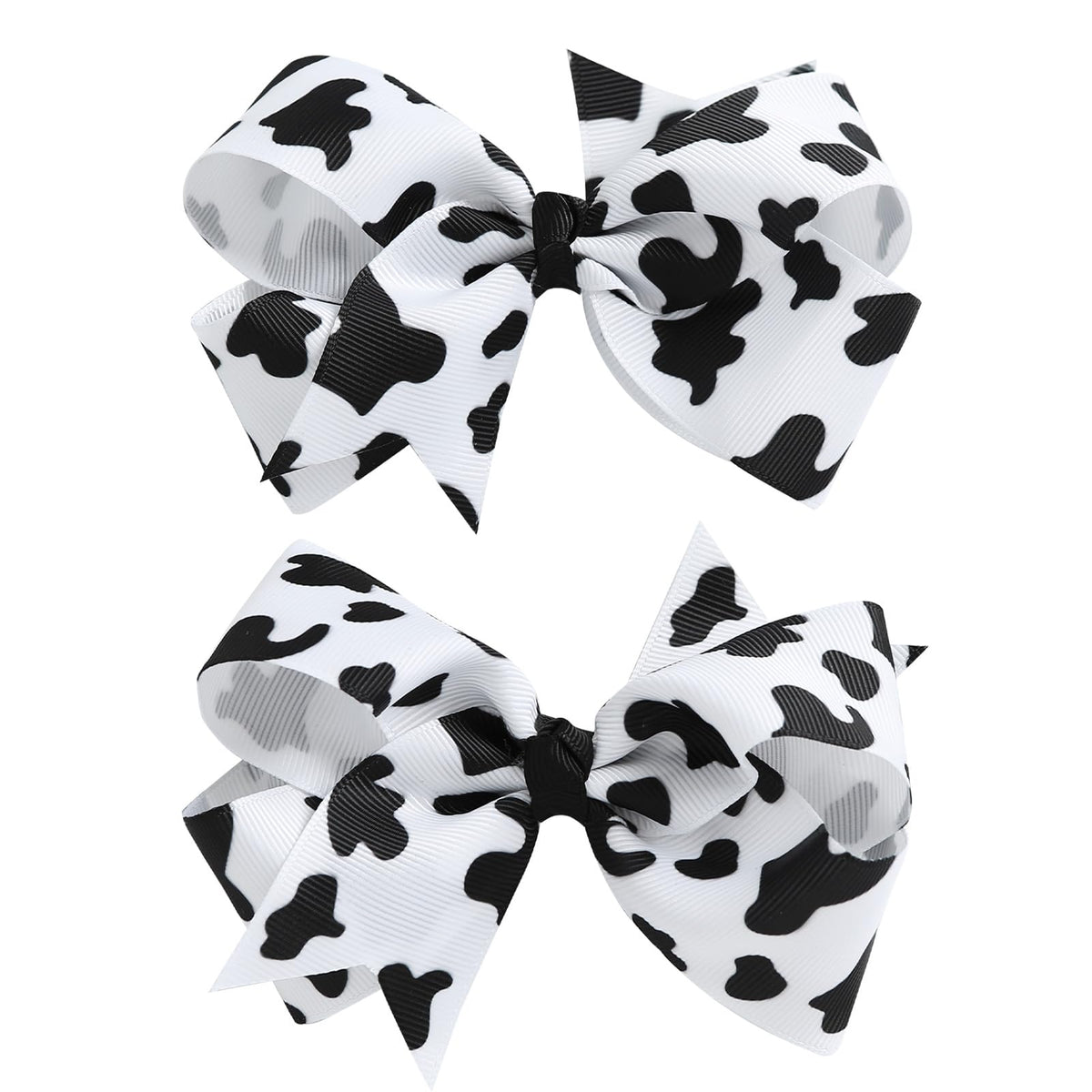 Nuolich front view of two cow print bows showing pattern and size benefits