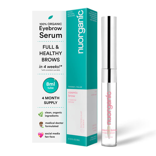nuorganic Cosmic Brow front packaging showing XL bottle and benefit