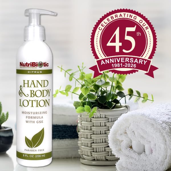 NutriBiotic lotion bottle in a bathroom lifestyle scene suggesting daily moisturizing routine