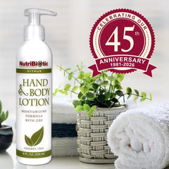 NutriBiotic lotion bottle in a bathroom lifestyle scene suggesting daily moisturizing routine