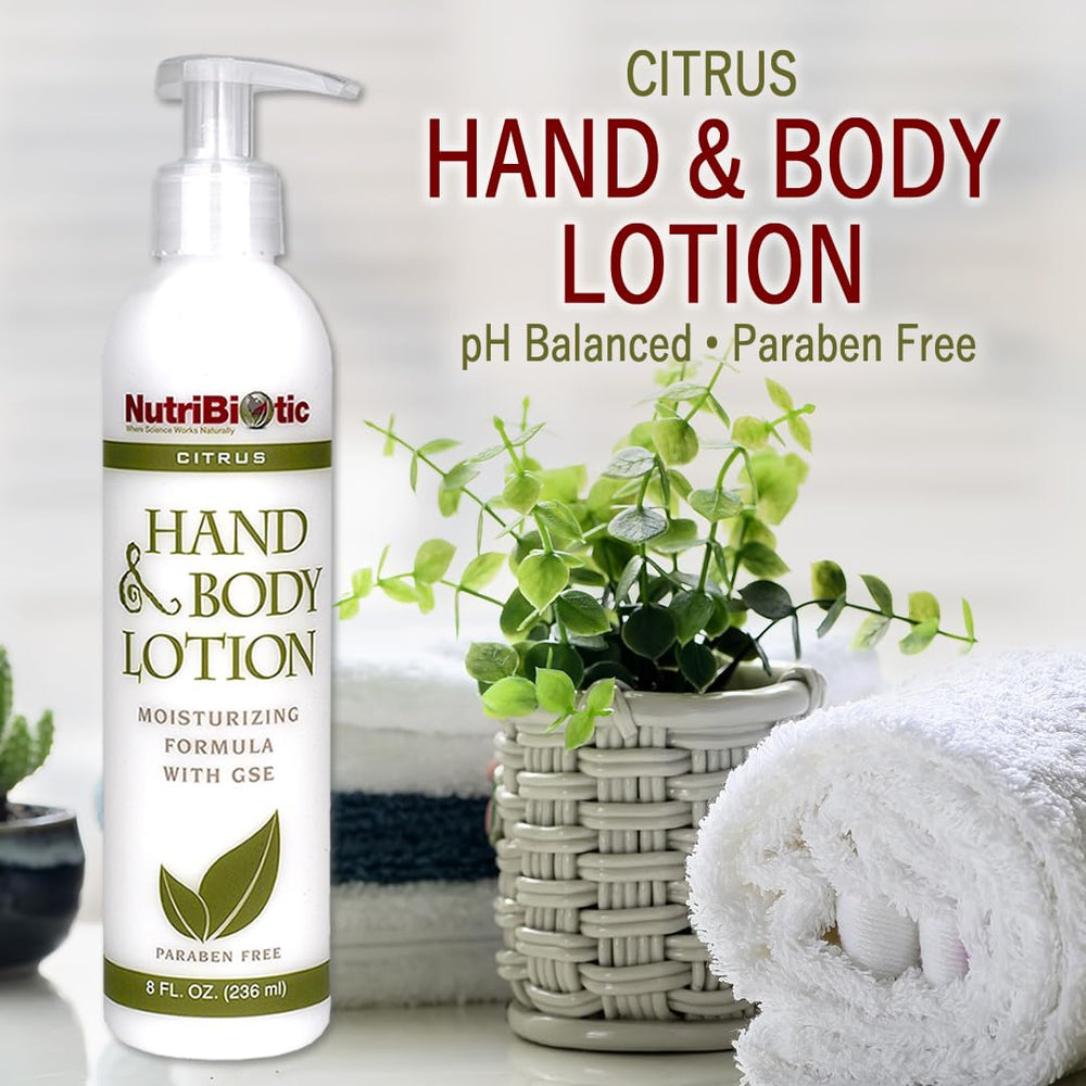 NutriBiotic lotion pump and label close-up highlighting ingredients list and citrus scent