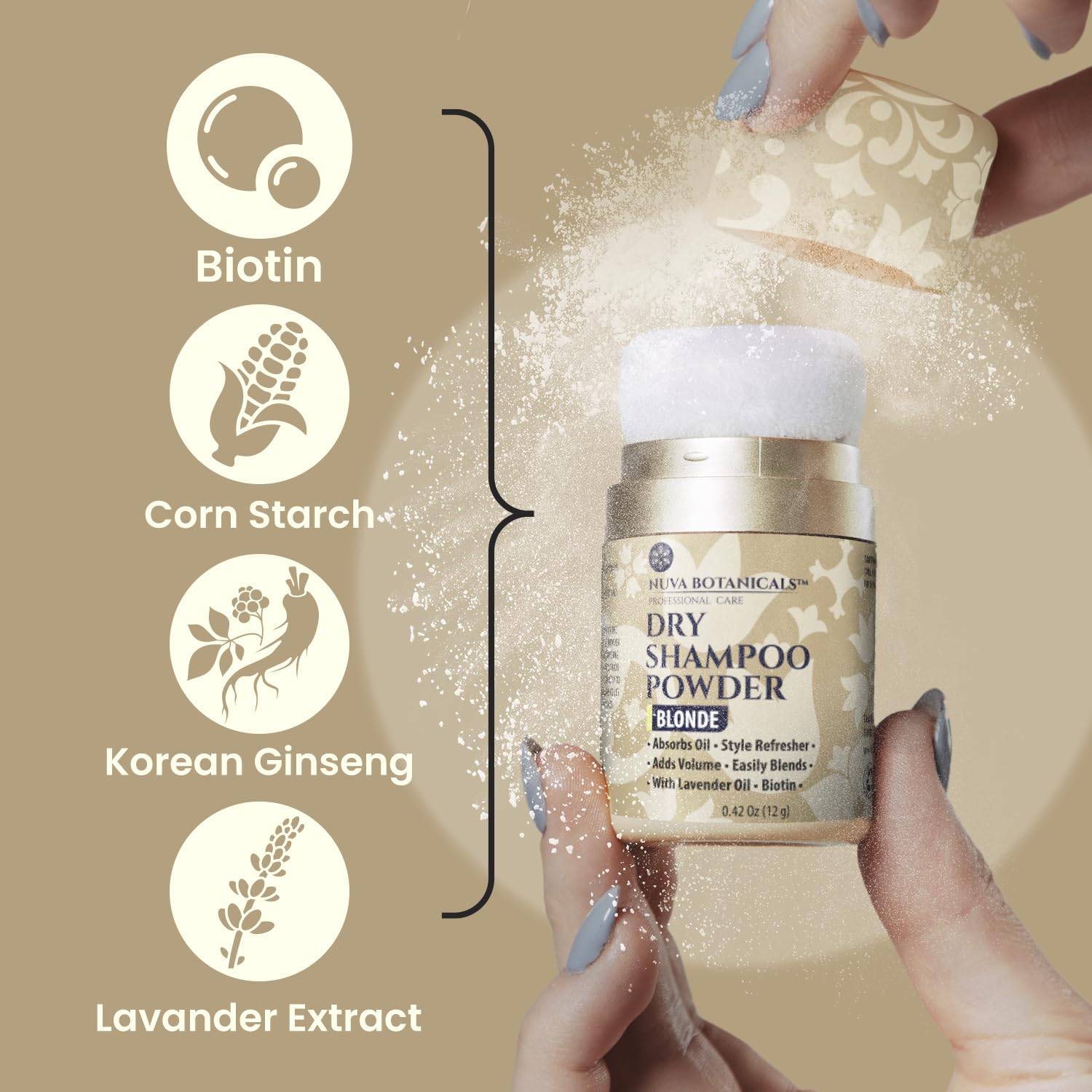Nuva Botanicals being applied at roots with fingers for instant refresh and volume