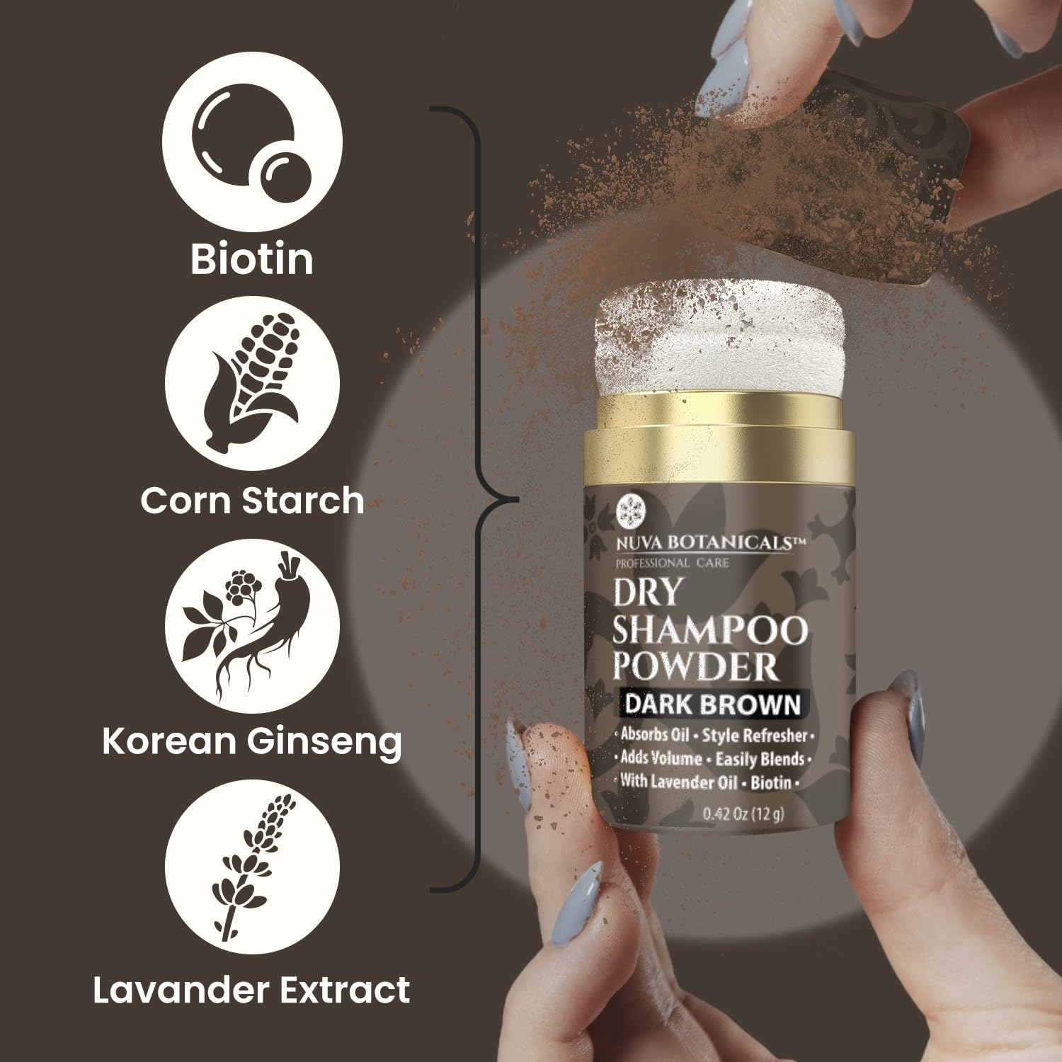Nuva Botanicals product applied at roots demonstrating instant lift and freshness