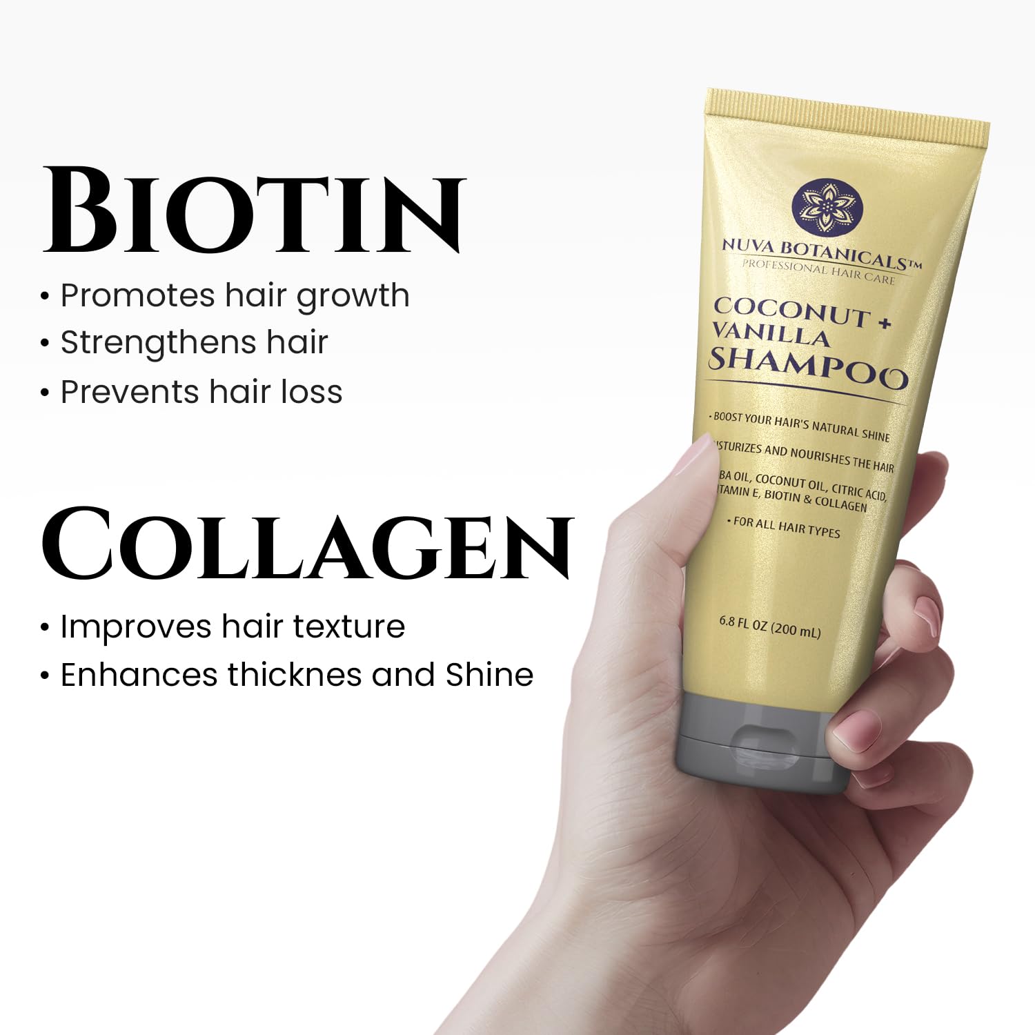 Nuva Botanicals label close-up highlighting biotin collagen and oil blend