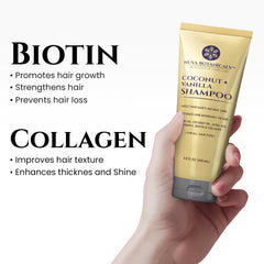 Nuva Botanicals label close-up highlighting biotin collagen and oil blend