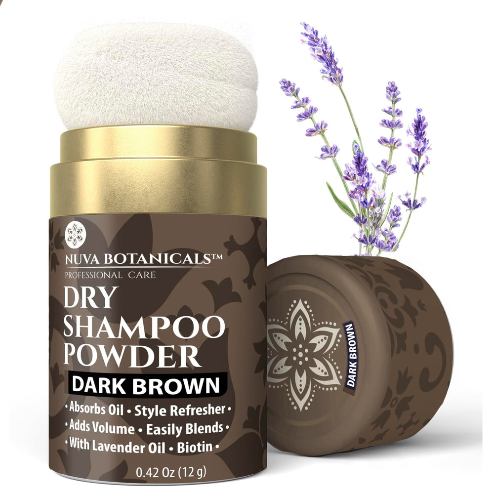 Nuva Botanicals front packaging showing travel-size dark brown dry shampoo and benefits