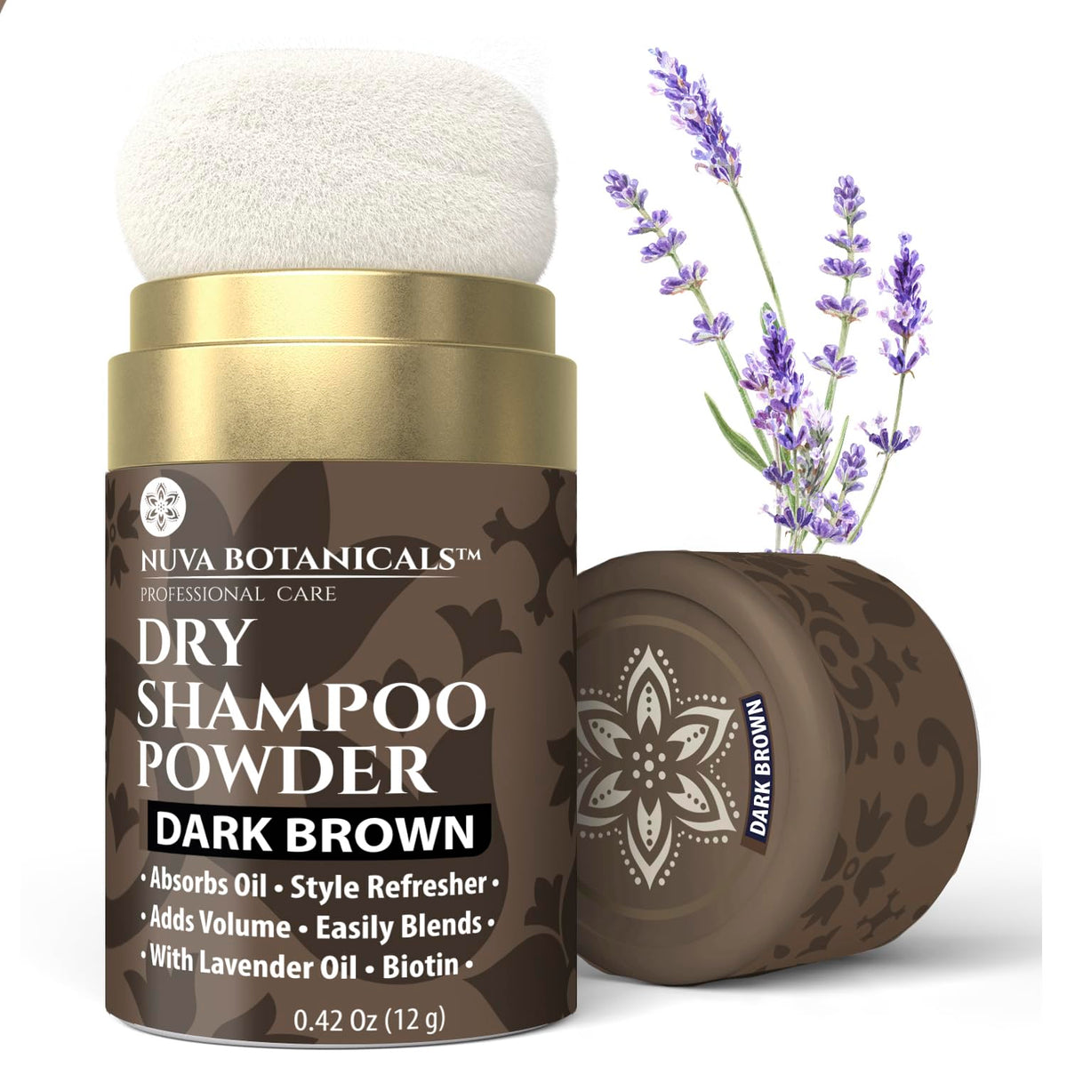 Nuva Botanicals front packaging showing travel-size dark brown dry shampoo and benefits