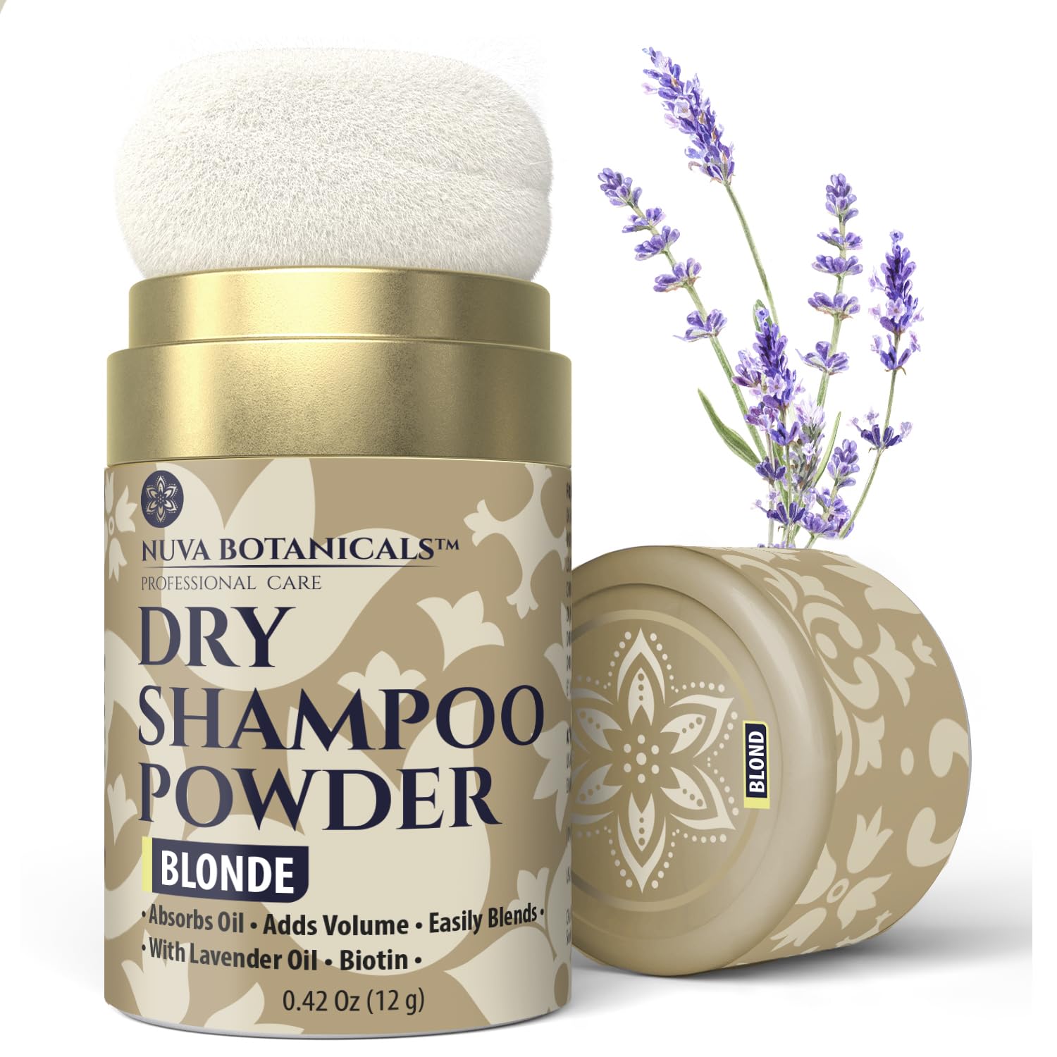 Nuva Botanicals jar front view showing compact dry shampoo for travel convenience
