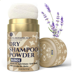 Nuva Botanicals jar front view showing compact dry shampoo for travel convenience