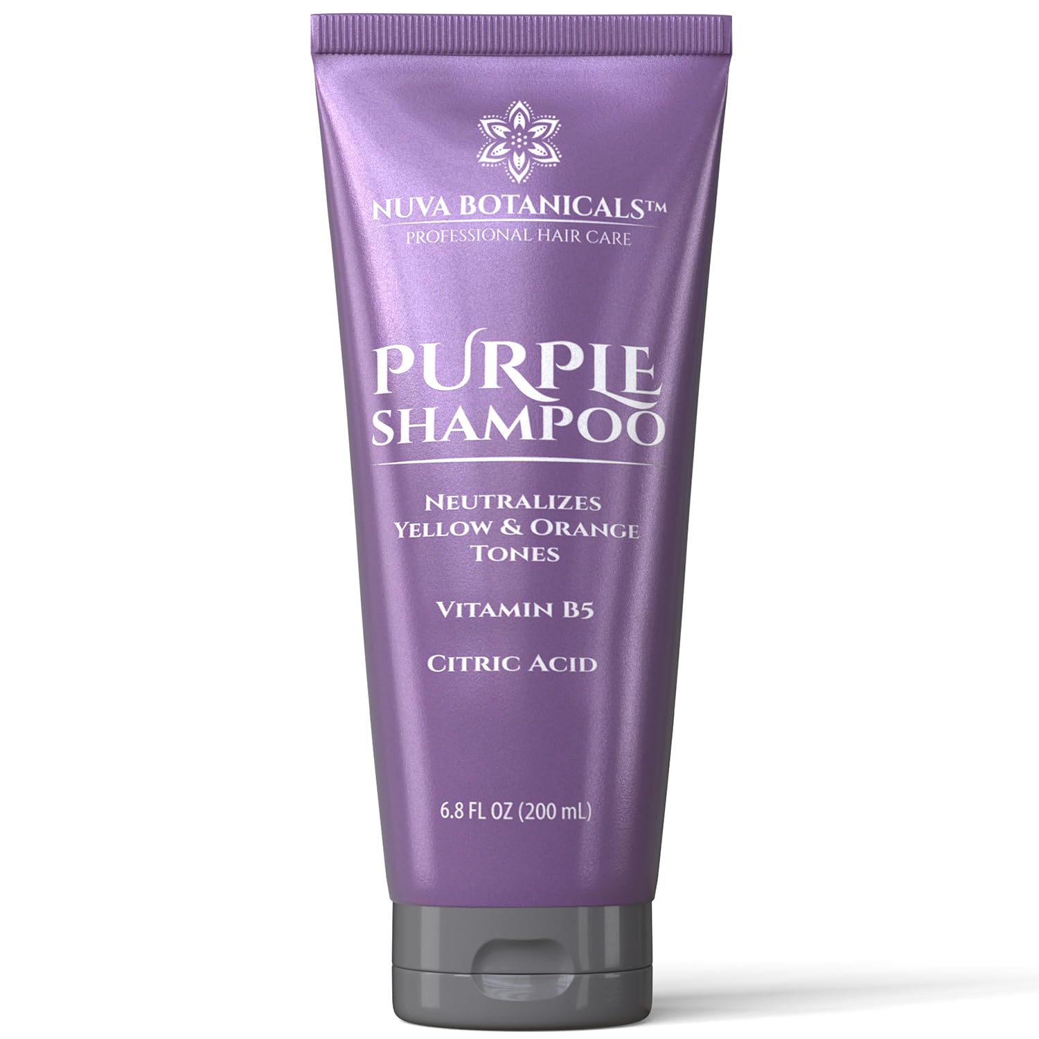 Nuva Botanicals front bottle view showing purple shampoo and benefits