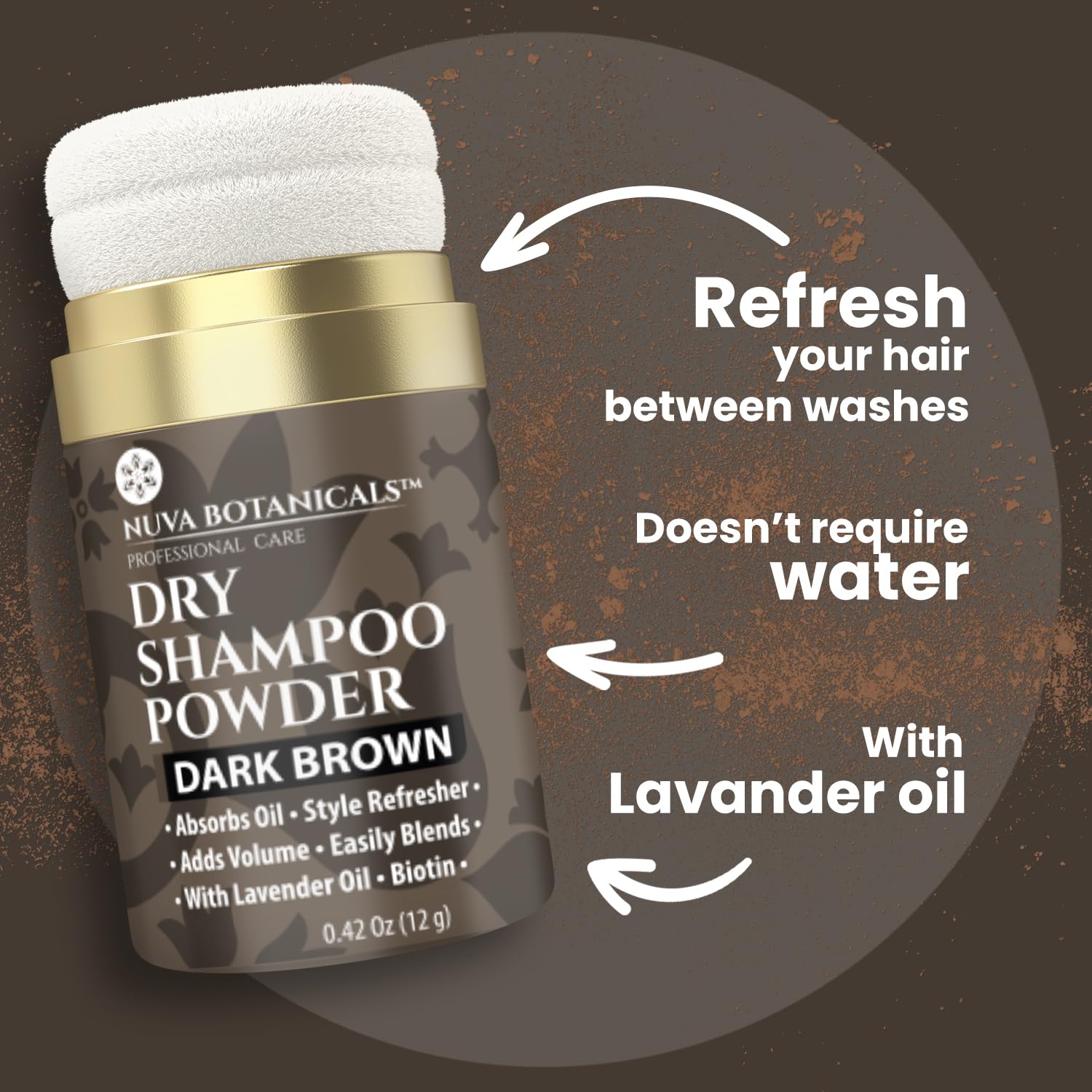 Nuva Botanicals travel-size dry shampoo in hand for scale and portability benefit