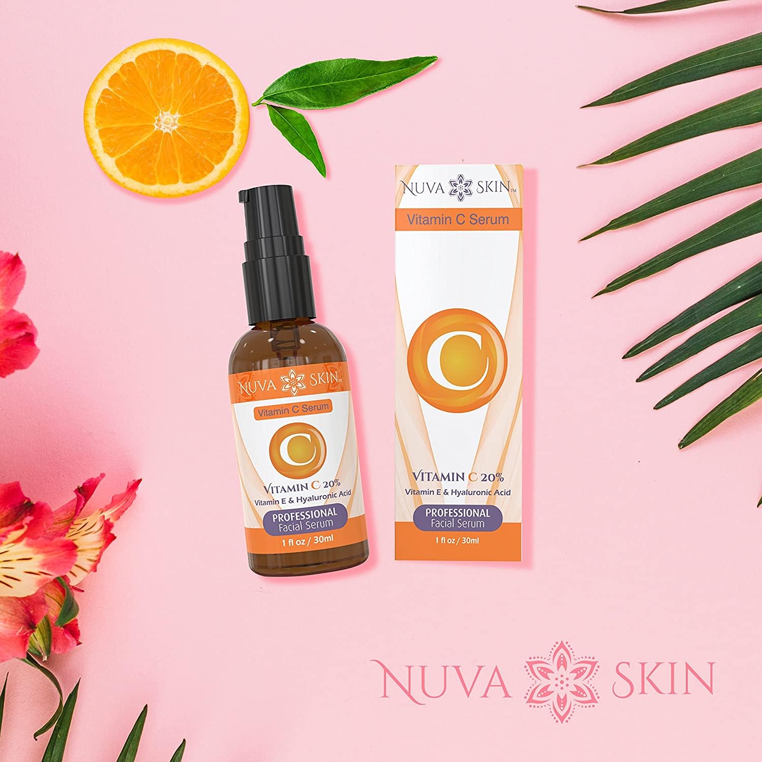 Nuva Skin product label close-up listing vitamin C and hyaluronic acid benefit