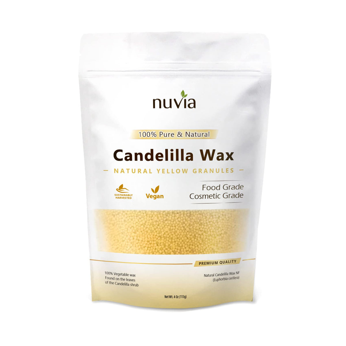 Nuvia Organics candelilla wax granules in bowl showing smooth melt and easy measuring