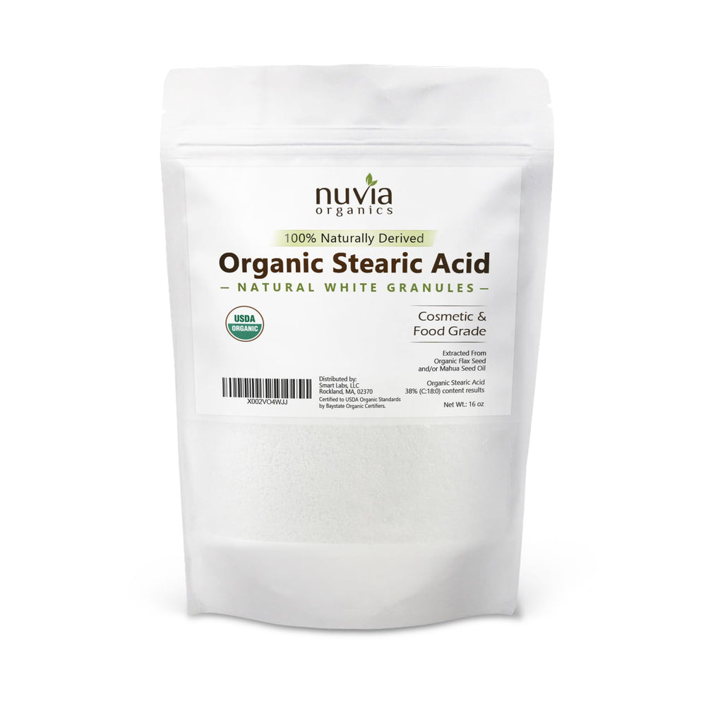 Nuvia Organics stearic acid front packaging shows organic label and clear product benefit