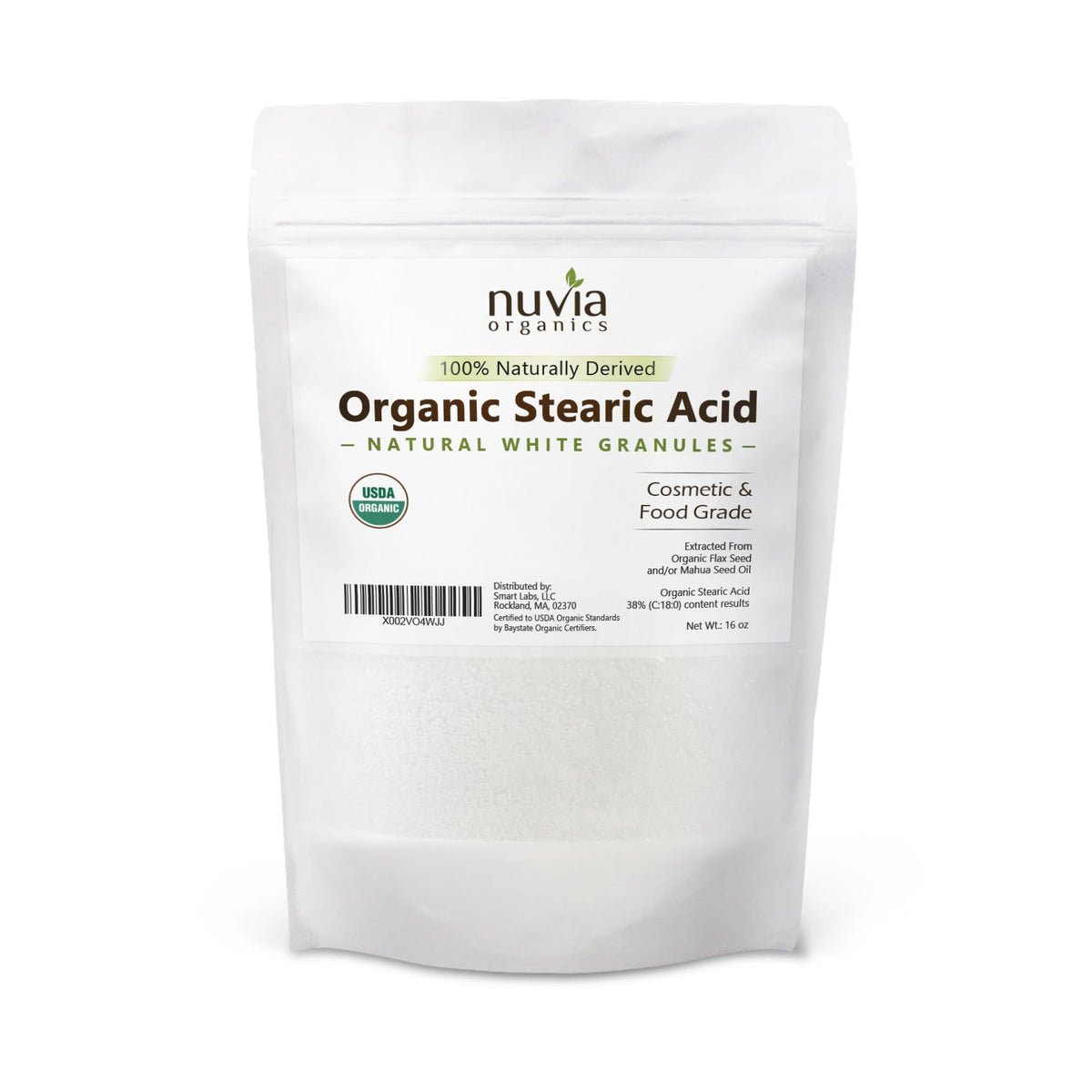Nuvia Organics stearic acid front packaging shows organic label and clear product benefit
