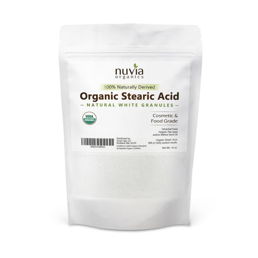 Nuvia Organics stearic acid front packaging shows organic label and clear product benefit