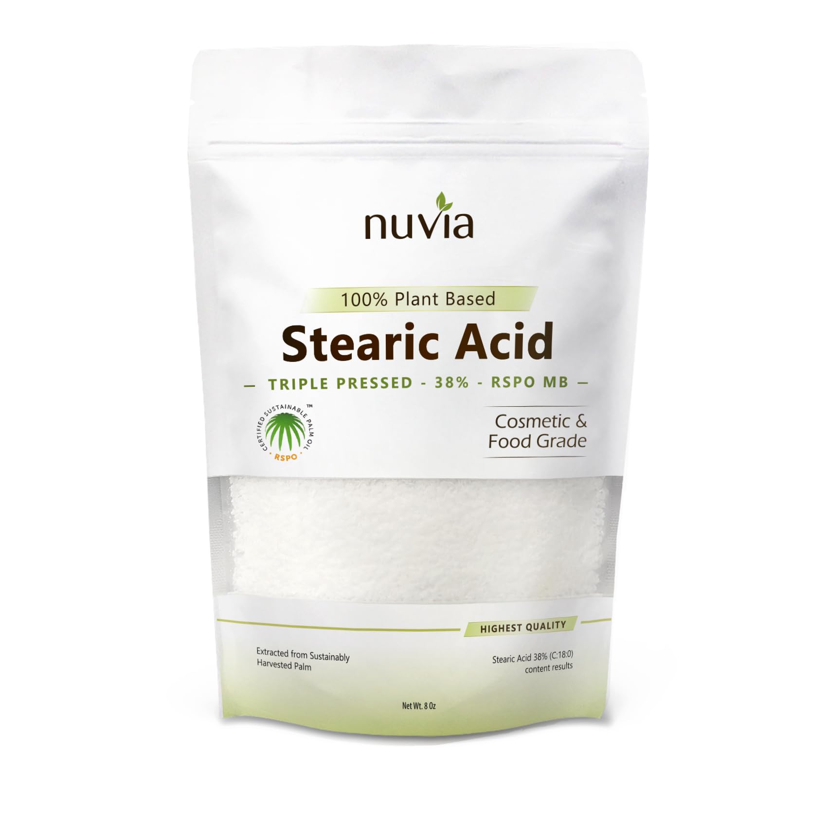 Nuvia Organics stearic acid pouch front view showing label and sustainable branding benefits