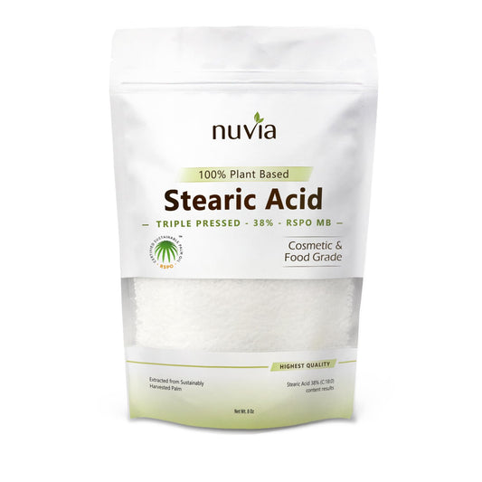 Nuvia Organics stearic acid pouch front view showing label and sustainable branding benefits