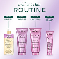 NUXE conditioner on bathroom shelf in lifestyle shot suggesting daily routine uplift