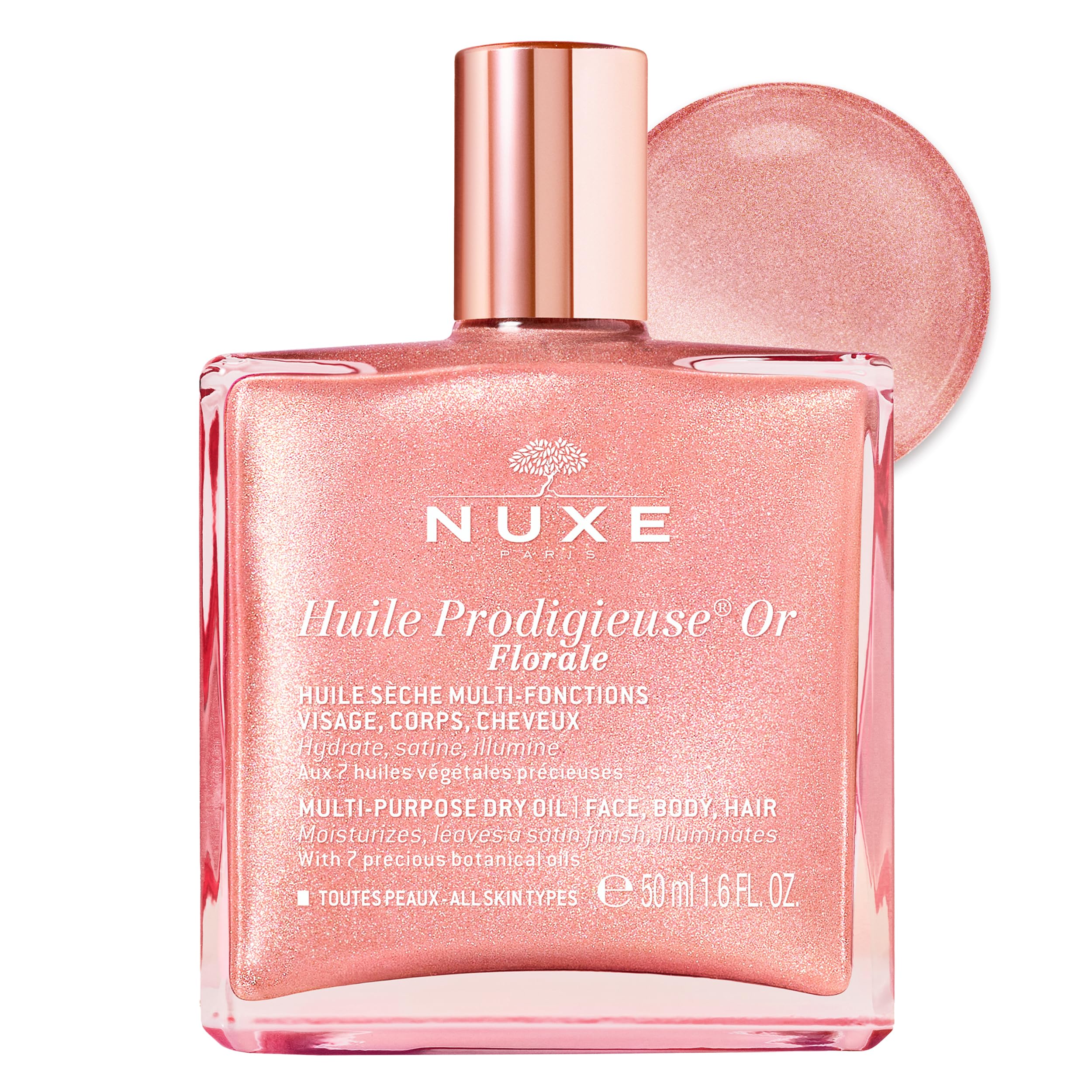 NUXE front bottle showing elegant rose-gold glow and portable size benefit