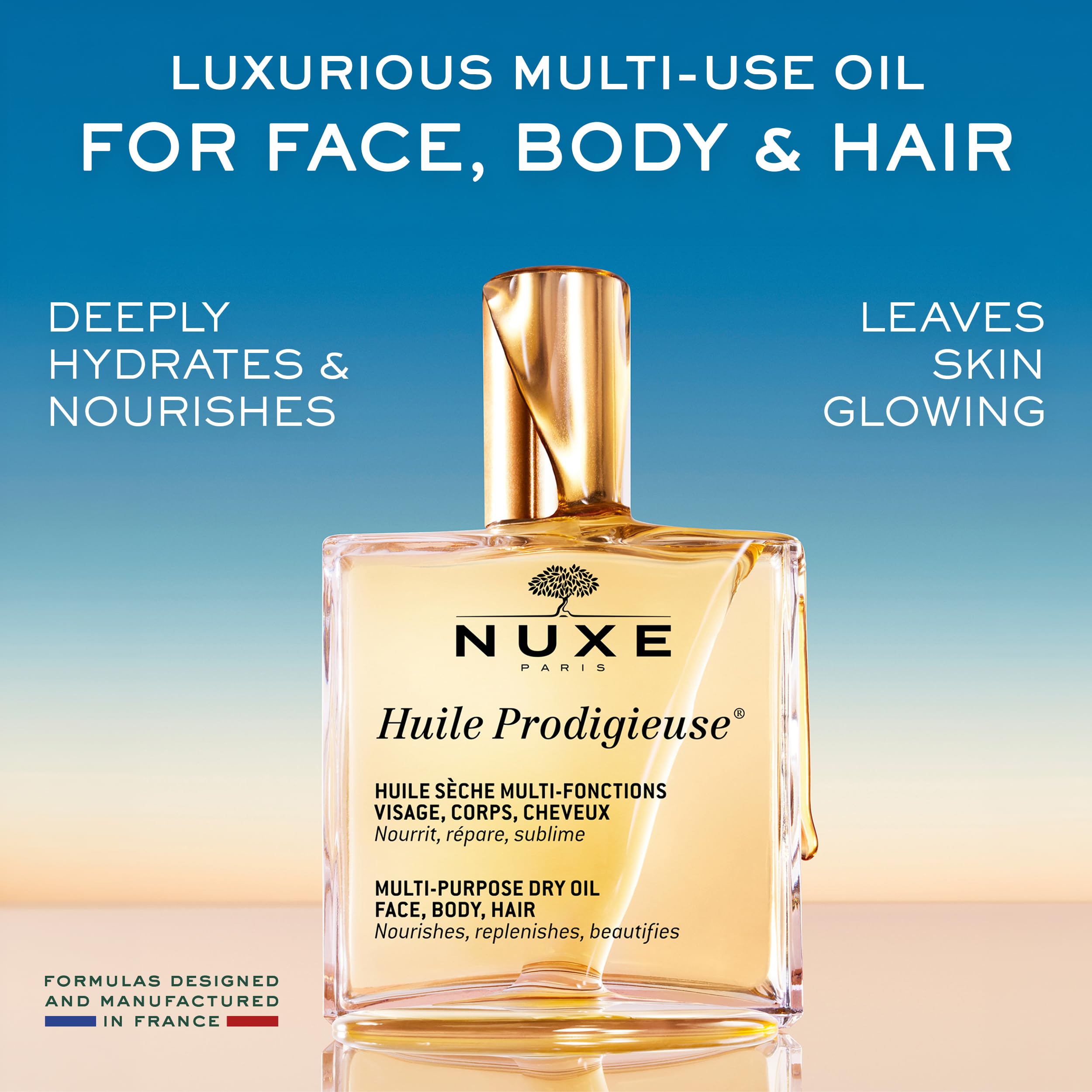 nuxe oil poured into hand highlighting lightweight feel and moisturization