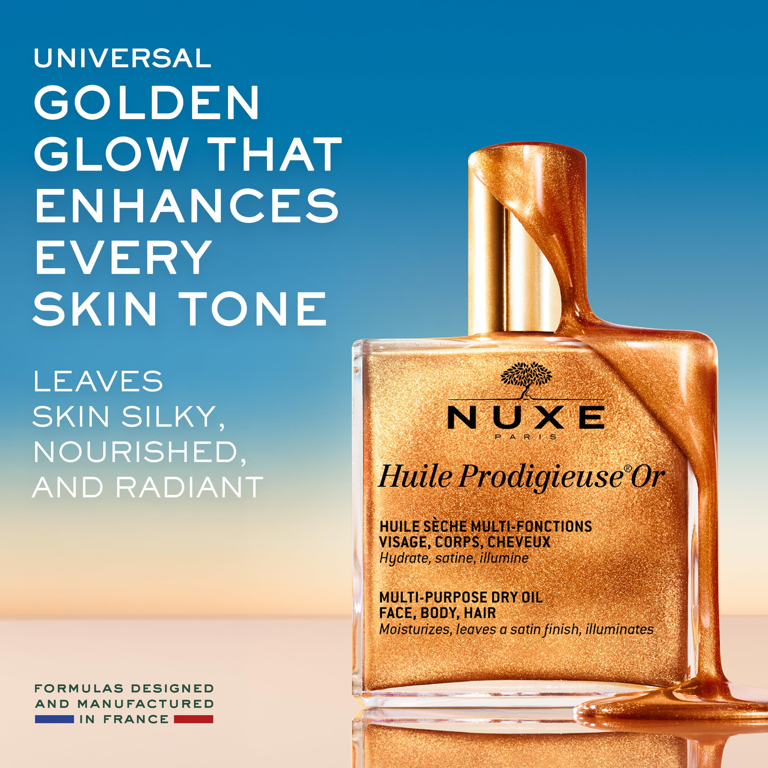 NUXE shimmer particles close-up revealing pearly illuminating finish