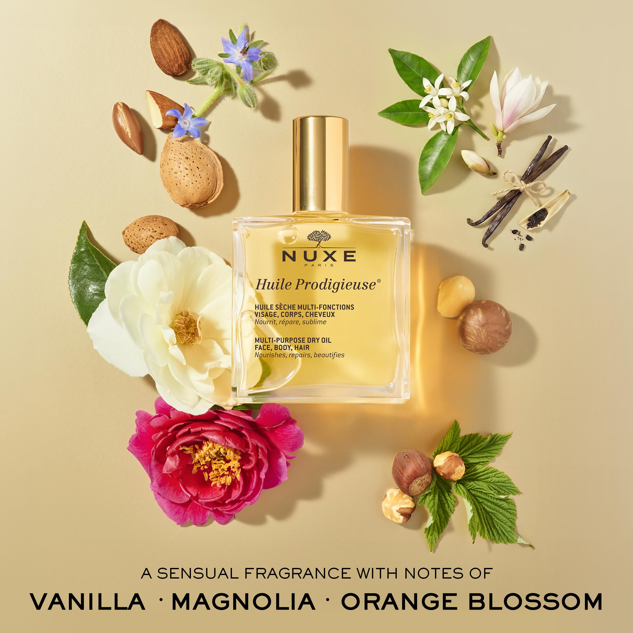 nuxe bottle next to a coin showing 3.3 fl oz scale and travel convenience