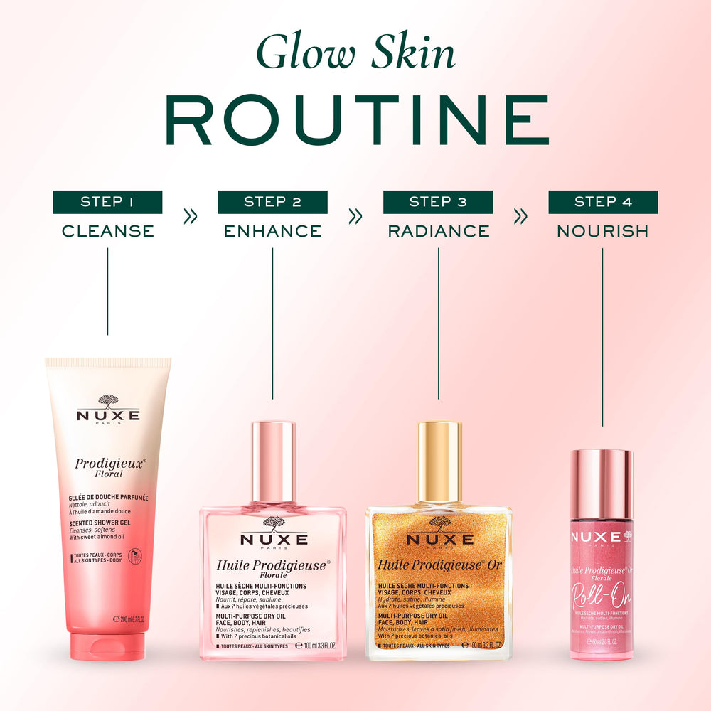 NUXE bottle on vanity with flowers showing floral scent and sensory ritual benefit