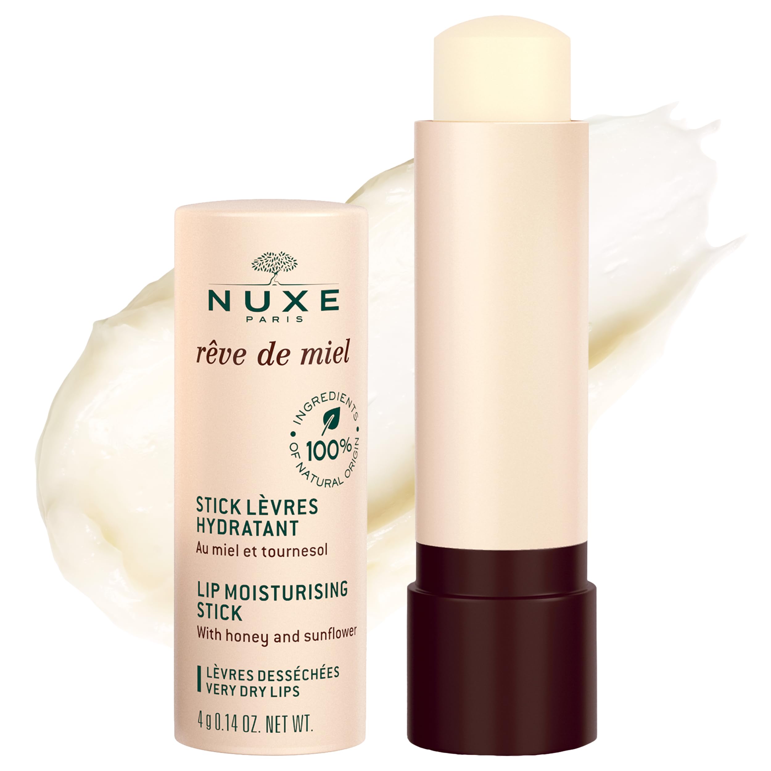 NUXE lip balm front packaging showing compact tube and branding benefit hydration
