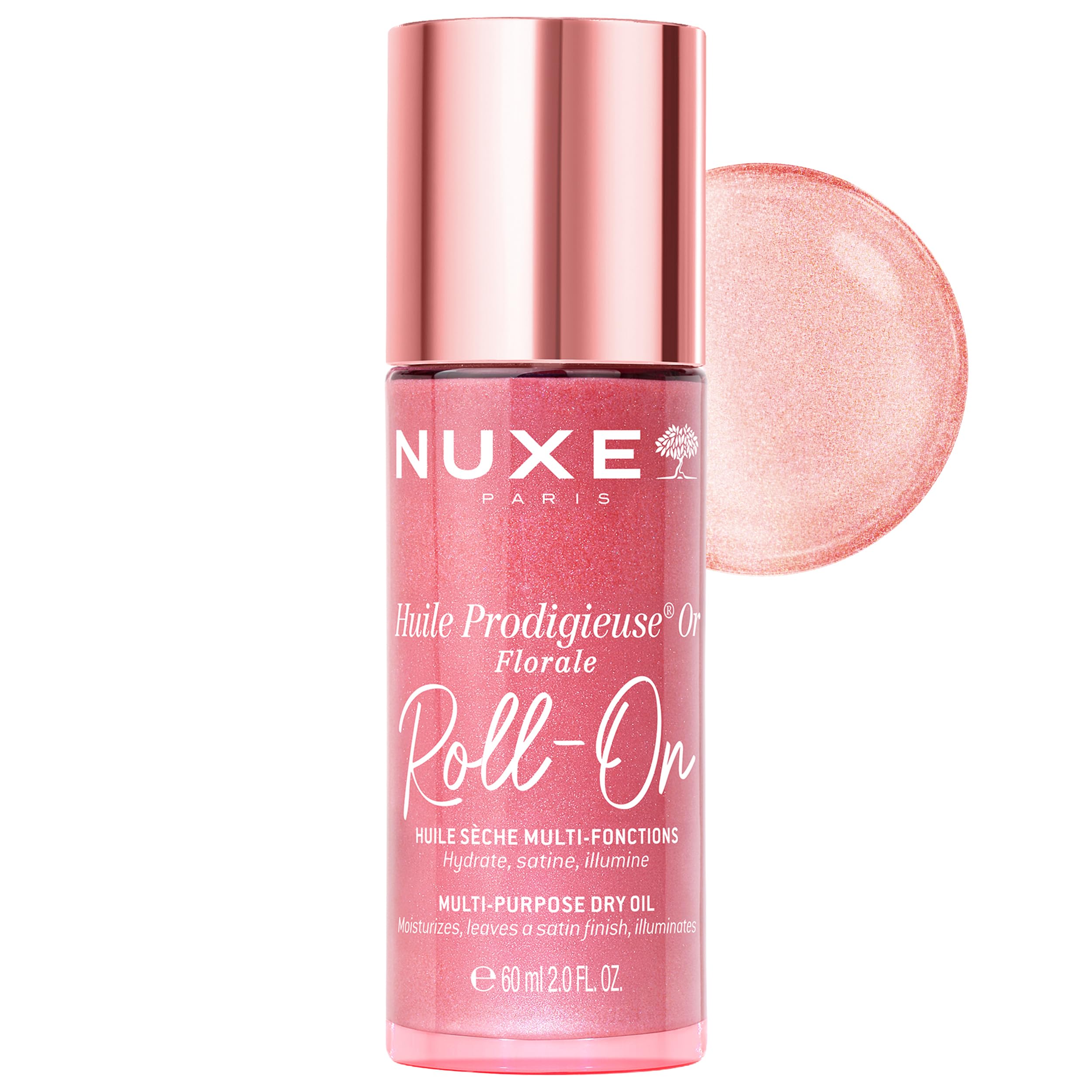 NUXE roll-on front packaging showing compact bottle and label benefit: portable shimmer