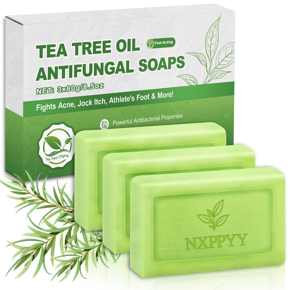 NXPPYY front packaging showing three tea tree antifungal bars and value pack benefit