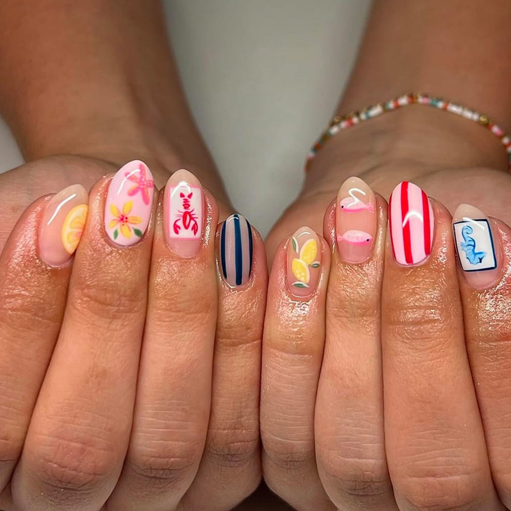 Nxtpz front packaging showing 24-piece summer press-on nail set and accessories for easy styling