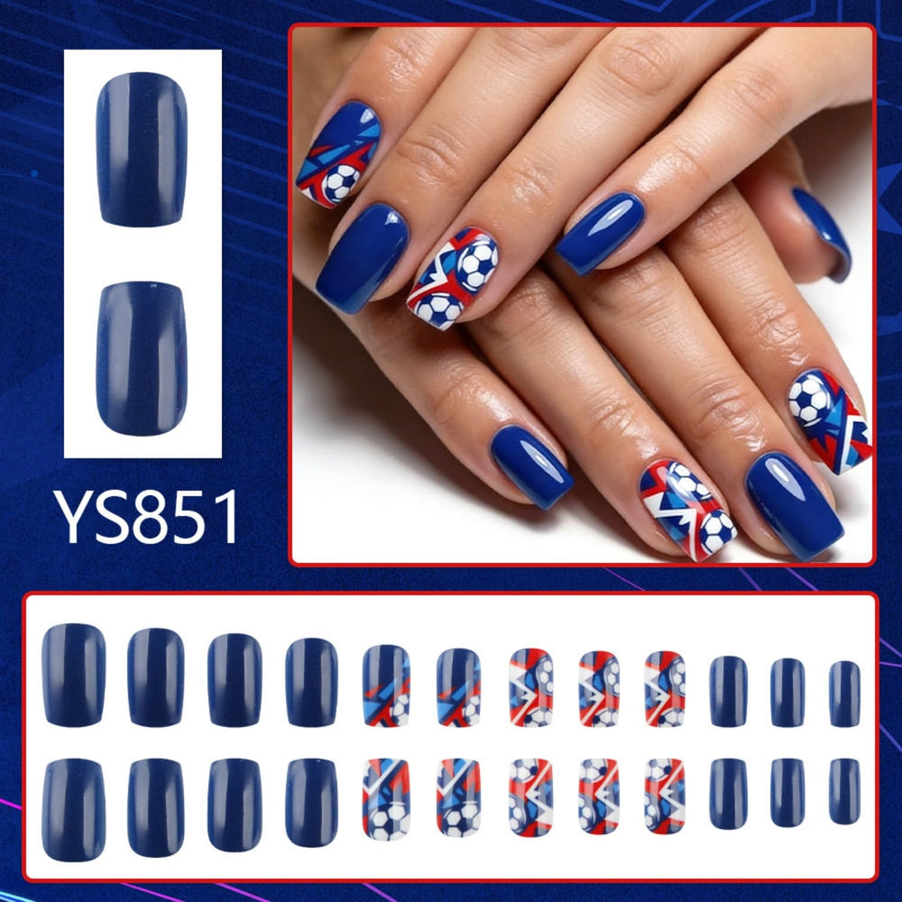 nxtpz hand wearing blue soccer press-ons at match showing sporty look benefit fan-ready style