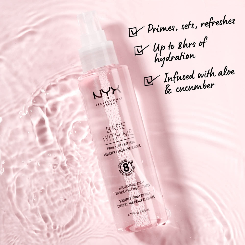 NYX Bare With Me close-up mist spray illustrating fine atomization for even coverage
