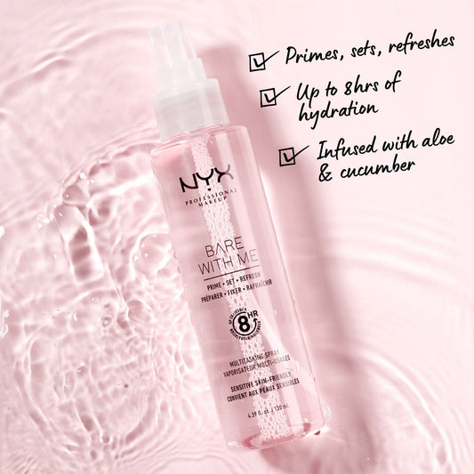 NYX Bare With Me close-up mist spray illustrating fine atomization for even coverage