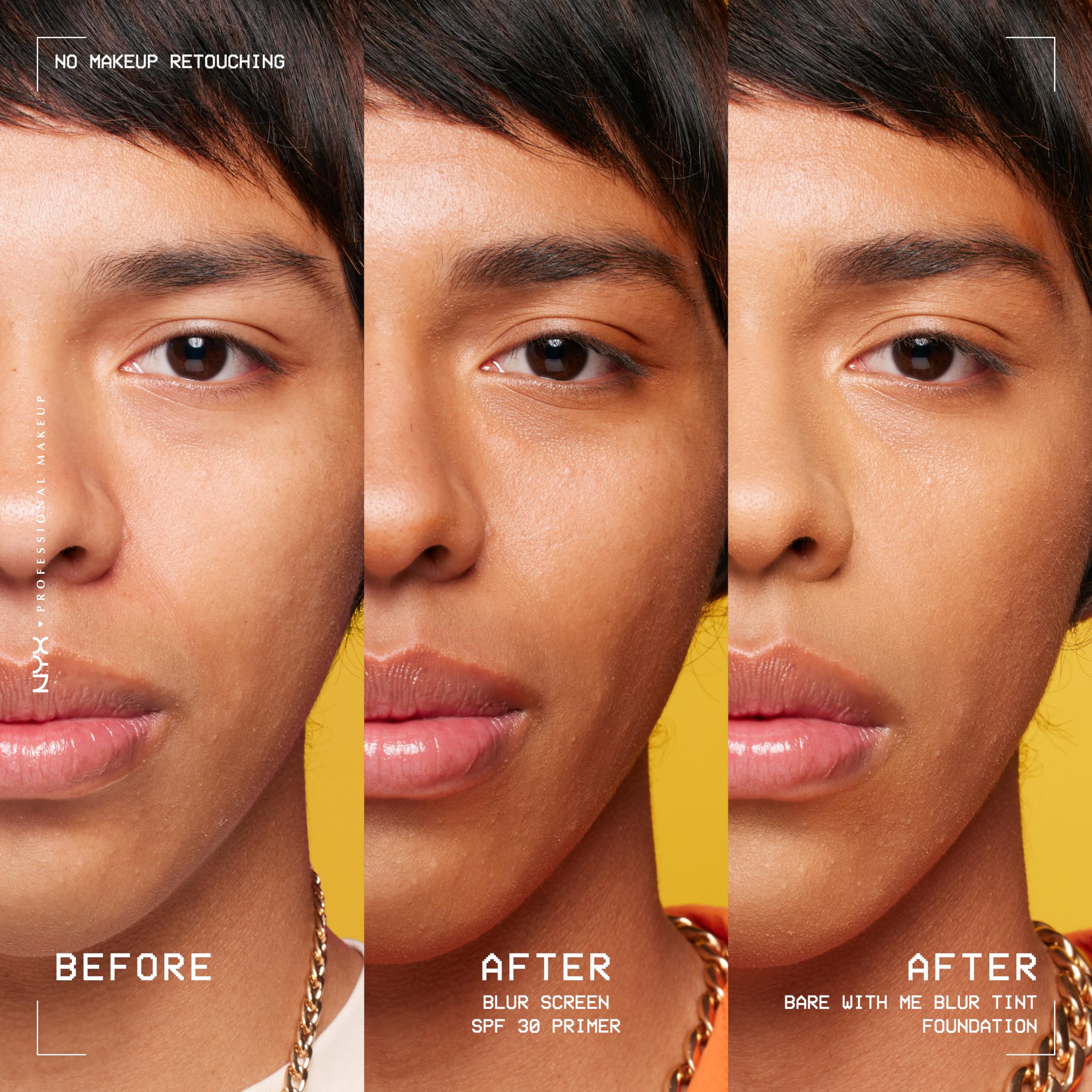 NYX Blurscreen before and after showing reduced pores and blurred texture