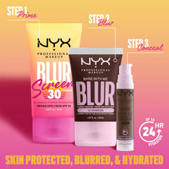NYX Blurscreen cap and label detail emphasizing vegan cruelty-free benefit