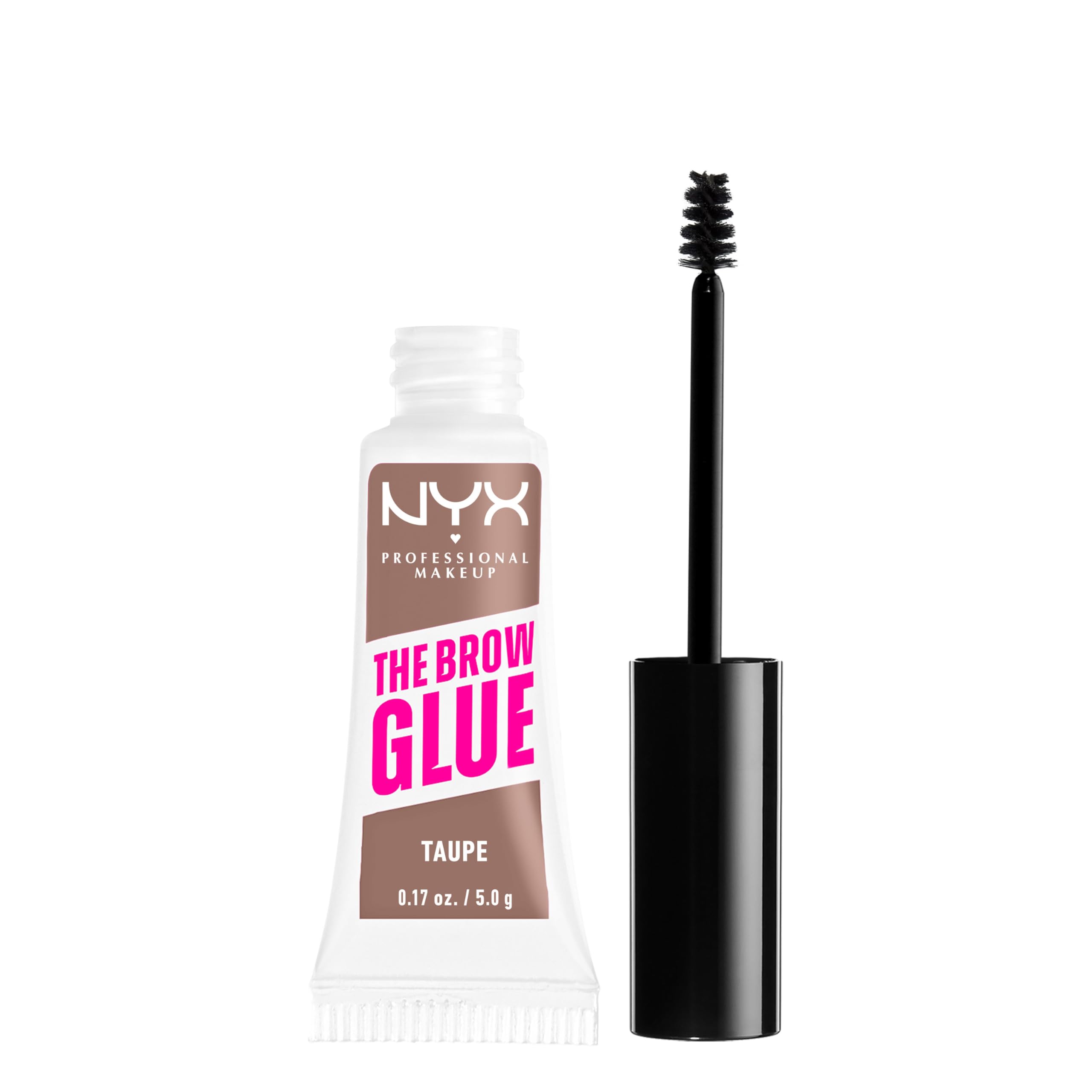 NYX The Brow Glue Taupe tube showing front label and brand benefit
