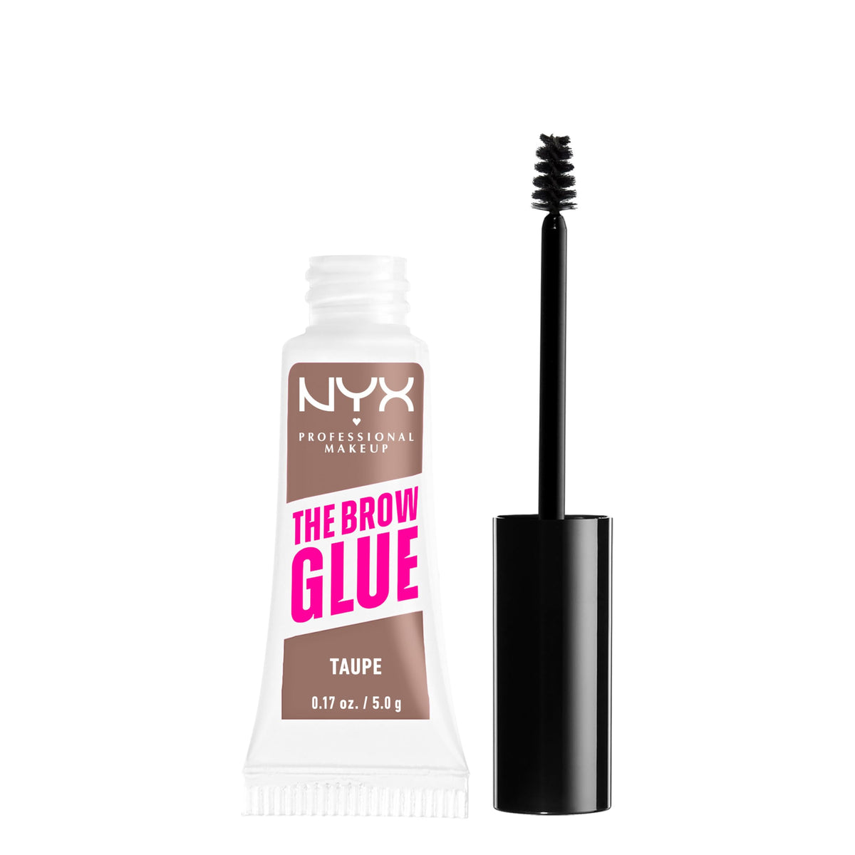 NYX The Brow Glue Taupe tube showing front label and brand benefit