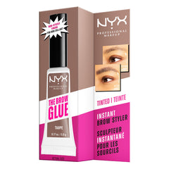 NYX Brow Glue packaging label close-up showing shade and cruelty-free benefit