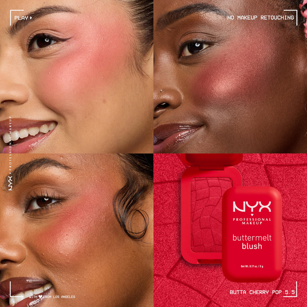 NYX Professional Makeup brush picking up blush for easy, buttery application